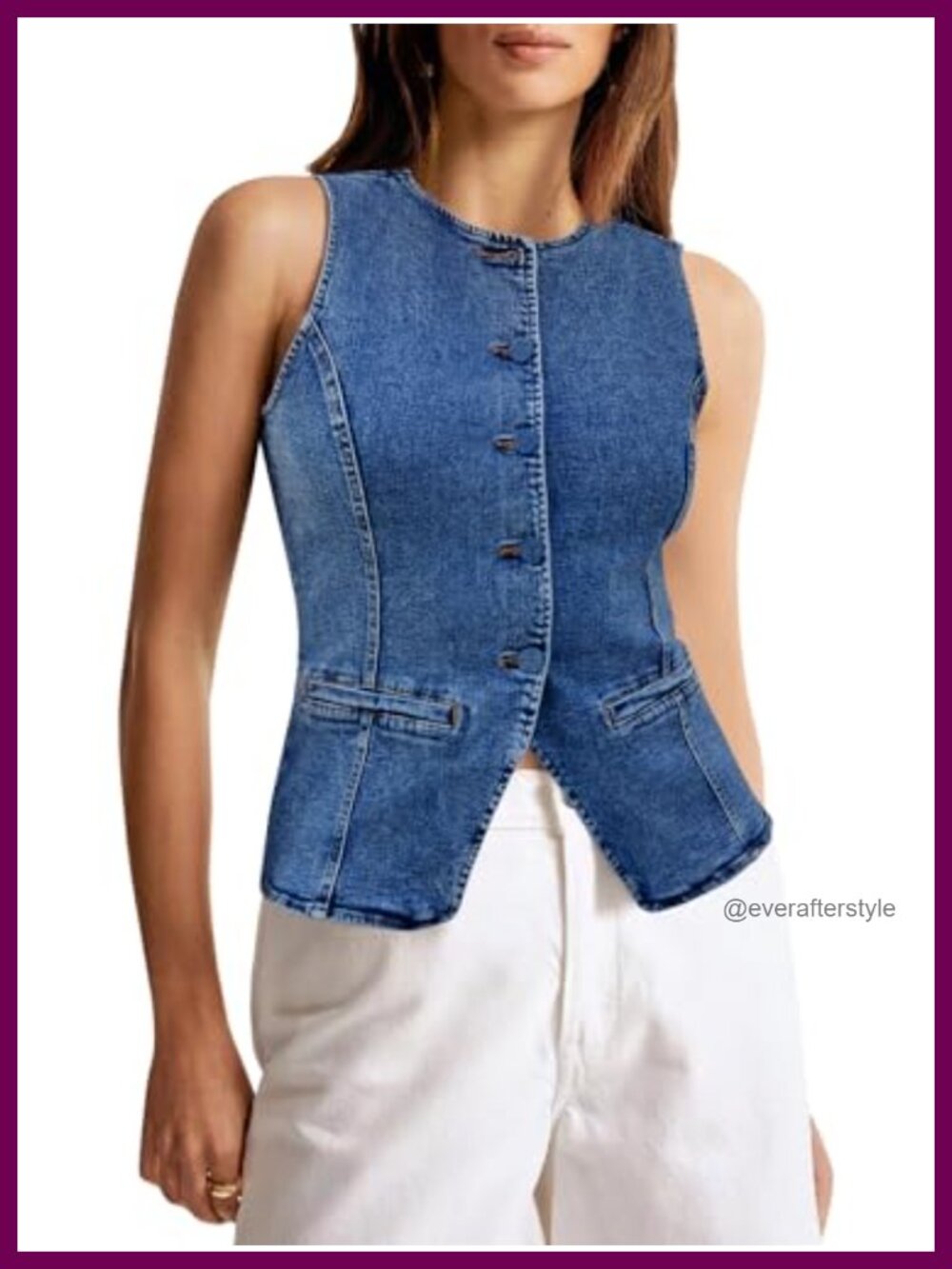 Button Down Denim Vest Sleeveless Slim Fit Split Hem Crop Jean Top